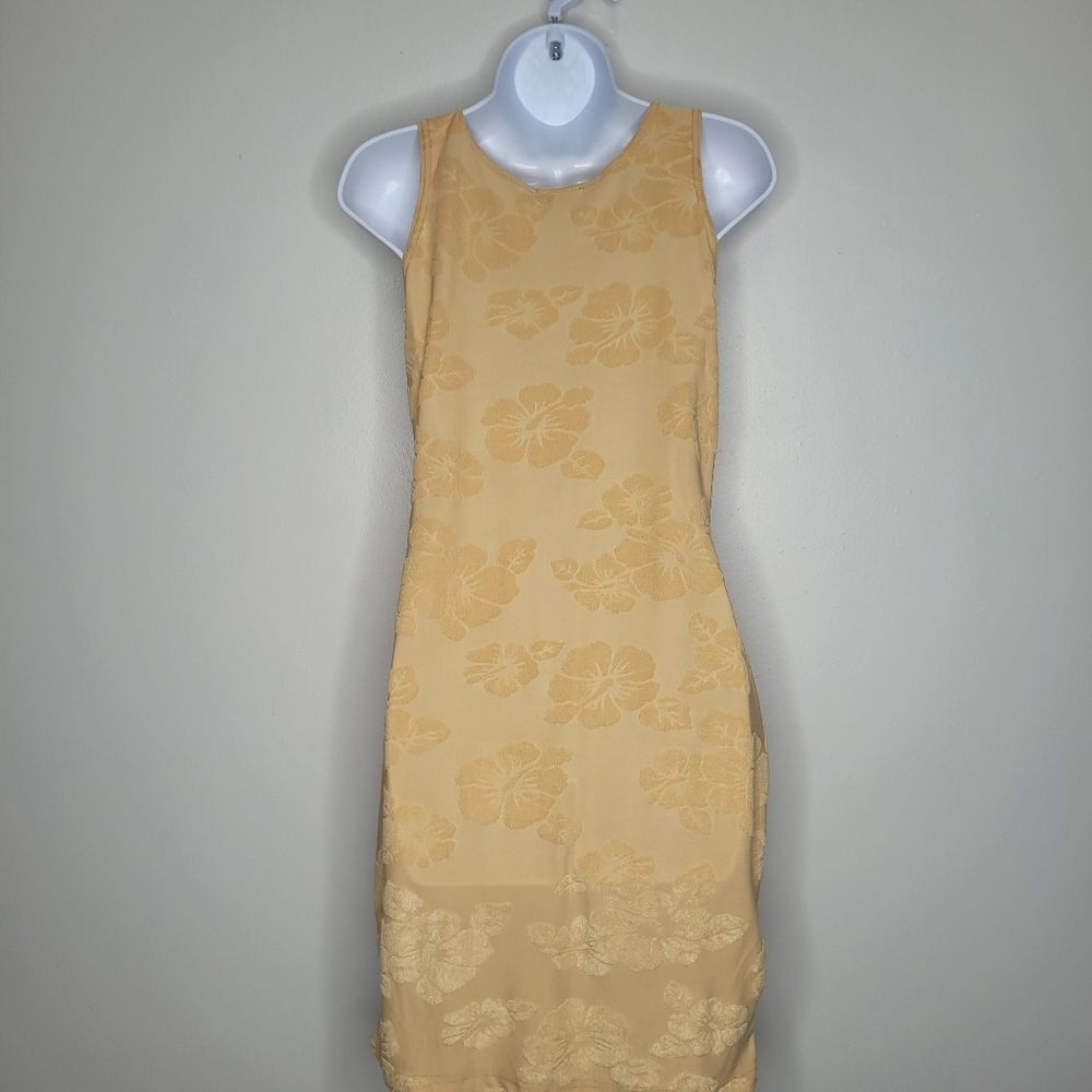Vintage Hennes tan beige form fitting tropical floral textured print dress 38 - Picture 2 of 7